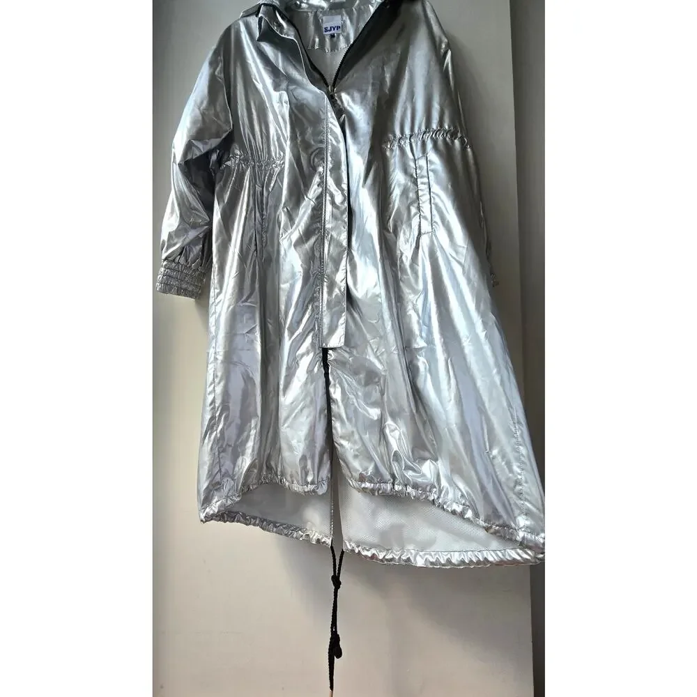 SJYP Silver Long Metallic Raincoat Hooded Womens Size Medium Korean Brand Edgy